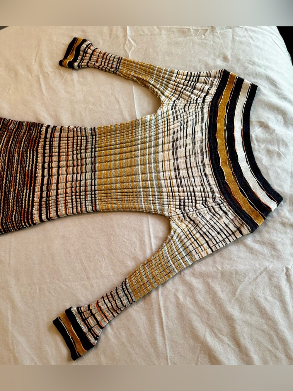MISSONI Fitted Metallic Silver Black Gold Striped Ribbed Knit Midi Dress w Slip - Picture 12 of 16